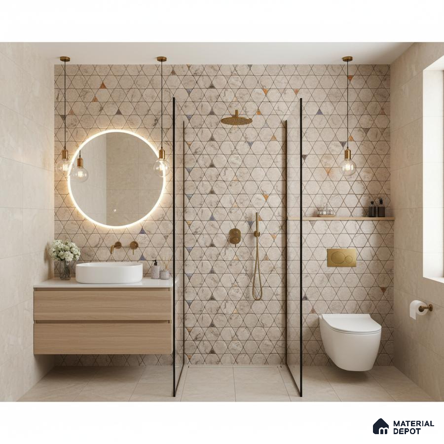 Scandinavian bathroom with geometric beige wall tiles and light wood vanity