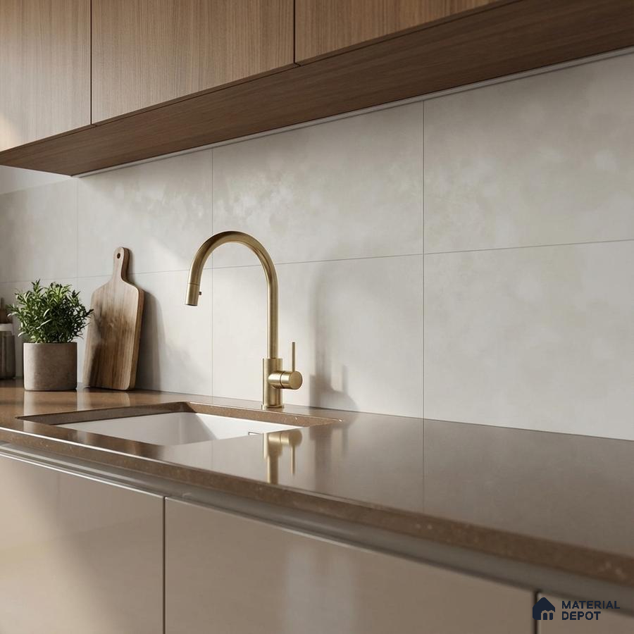 Modern kitchen with taupe quartz countertop, beige glossy laminate cabinets, and light beige backsplash tile