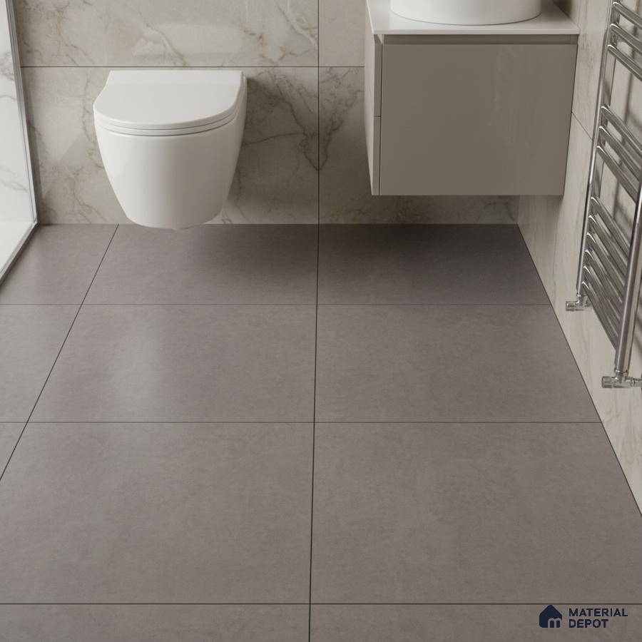 Modern bathroom with marble-look wall tiles and matte grey floor tiles