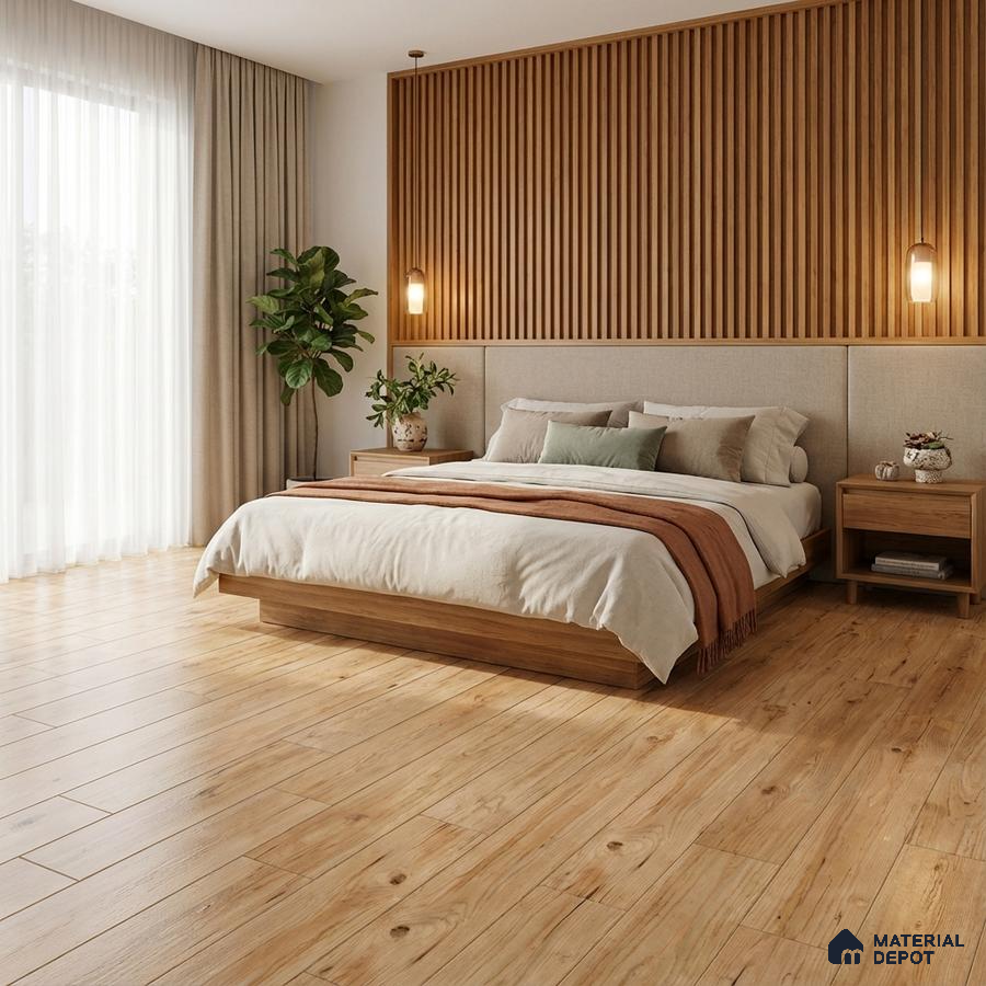 Scandinavian bedroom with oak wood flooring and vertical wood slat accent wall