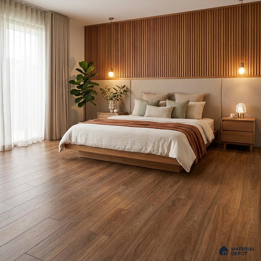 Scandinavian bedroom with oak wood flooring and vertical wood slat wall panels