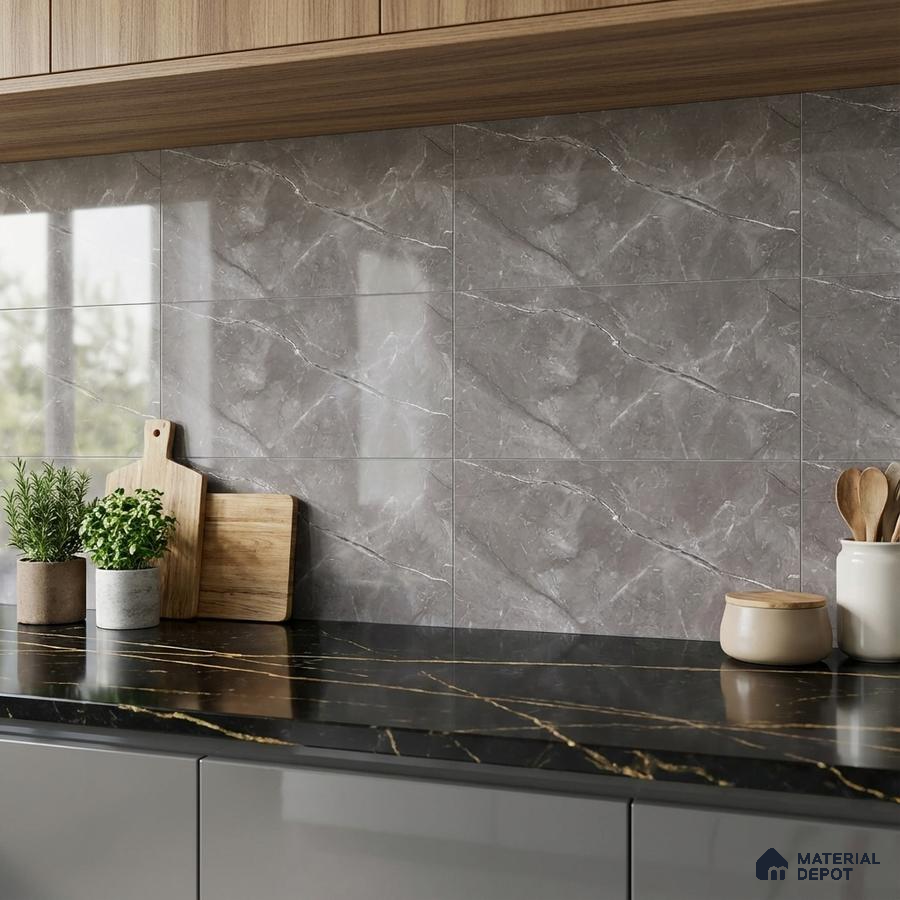 Modern kitchen with grey marble wall tiles, black marble countertop, and walnut wood laminate cabinets