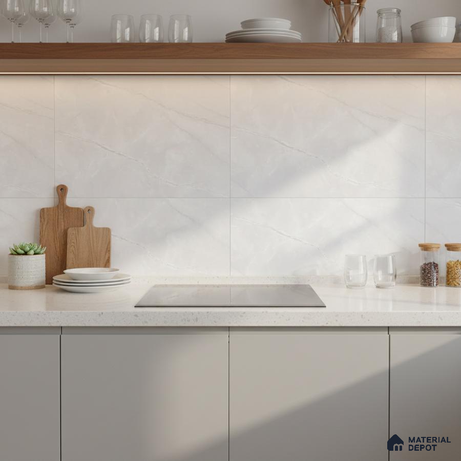 Modern kitchen with white marble-look backsplash tile, white quartz countertop, and taupe laminate cabinets