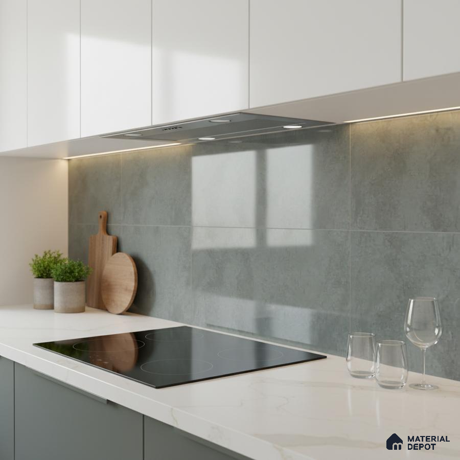 Modern kitchen with white marble-look quartz countertop, sage green base laminate, and grey stone backsplash tile