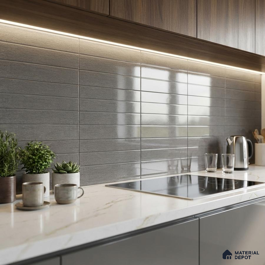 Modern kitchen with grey horizontal subway backsplash tile, marble-look quartz countertop, and wood grain laminate cabinets