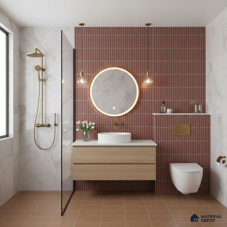 Modern bathroom with terracotta kitkat wall tiles, marble wall tiles, and wood vanity