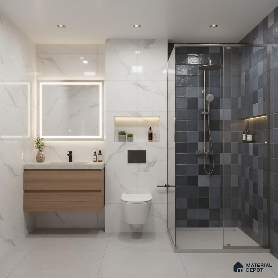 Modern bathroom with white marble wall tiles, blue geometric shower tiles, and light wood floating vanity
