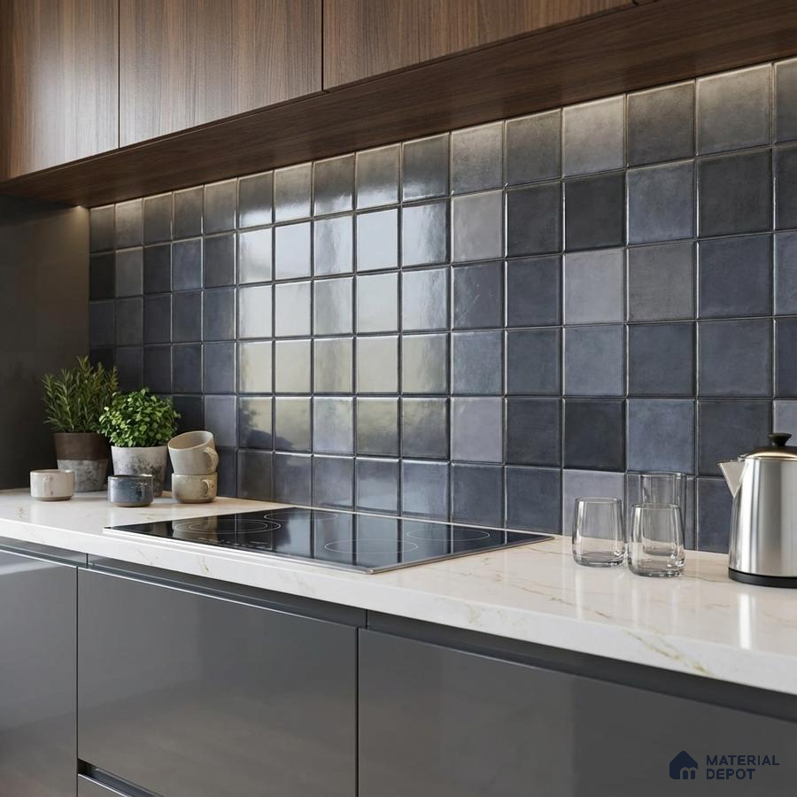 Modern kitchen with glossy blue square backsplash tiles, walnut laminate cabinets, and white marble countertop