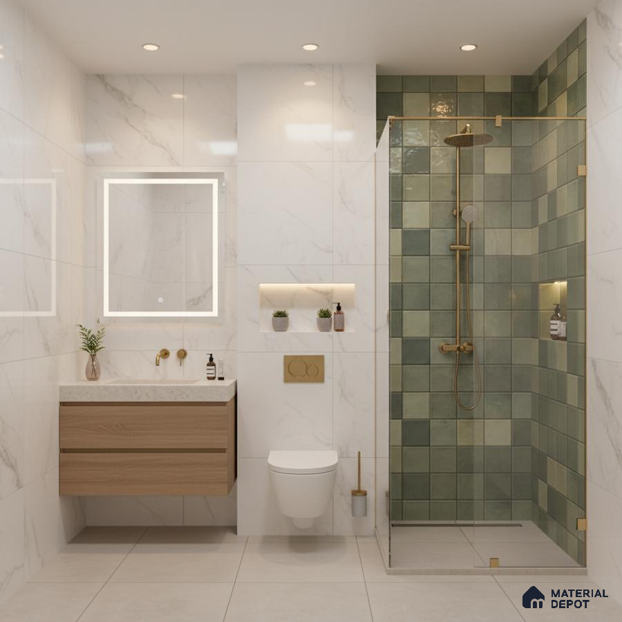 Modern bathroom with green checkerboard wall tiles, white marble-look wall tiles, and floating wood vanity