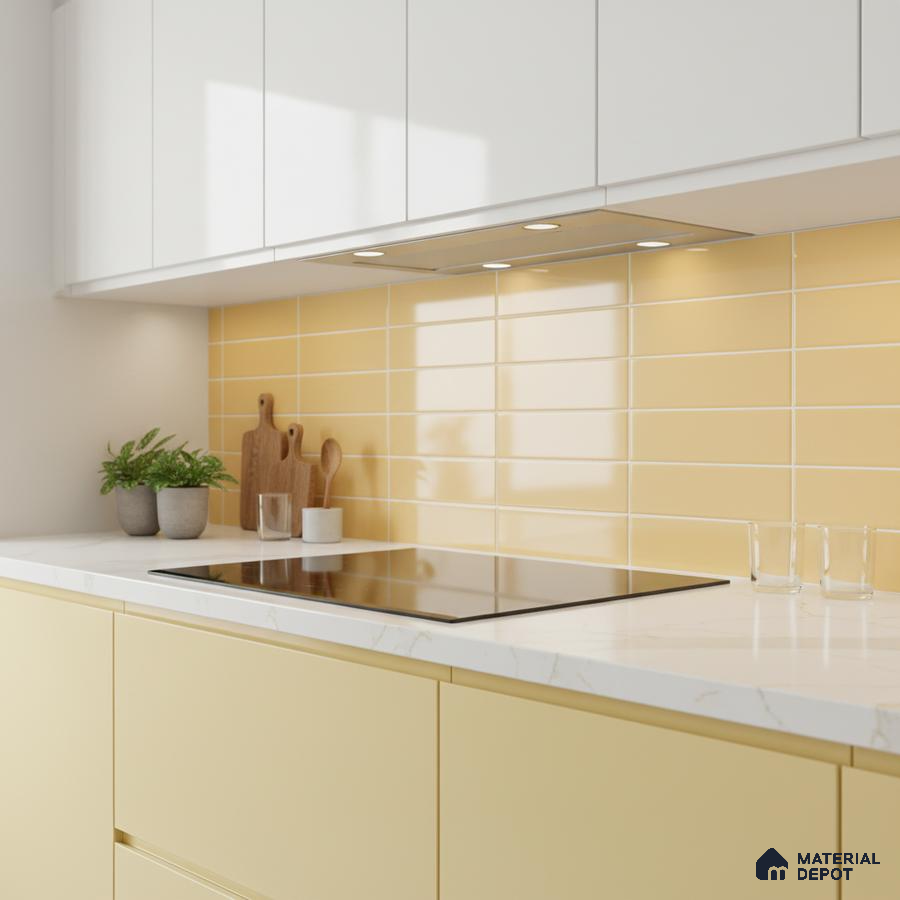 Modern kitchen with pastel yellow laminate, white marble-look countertop, and yellow subway backsplash tiles