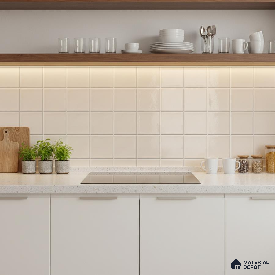 Scandinavian kitchen with frosty white laminate cabinets, white terrazzo countertop, and cream square backsplash tiles