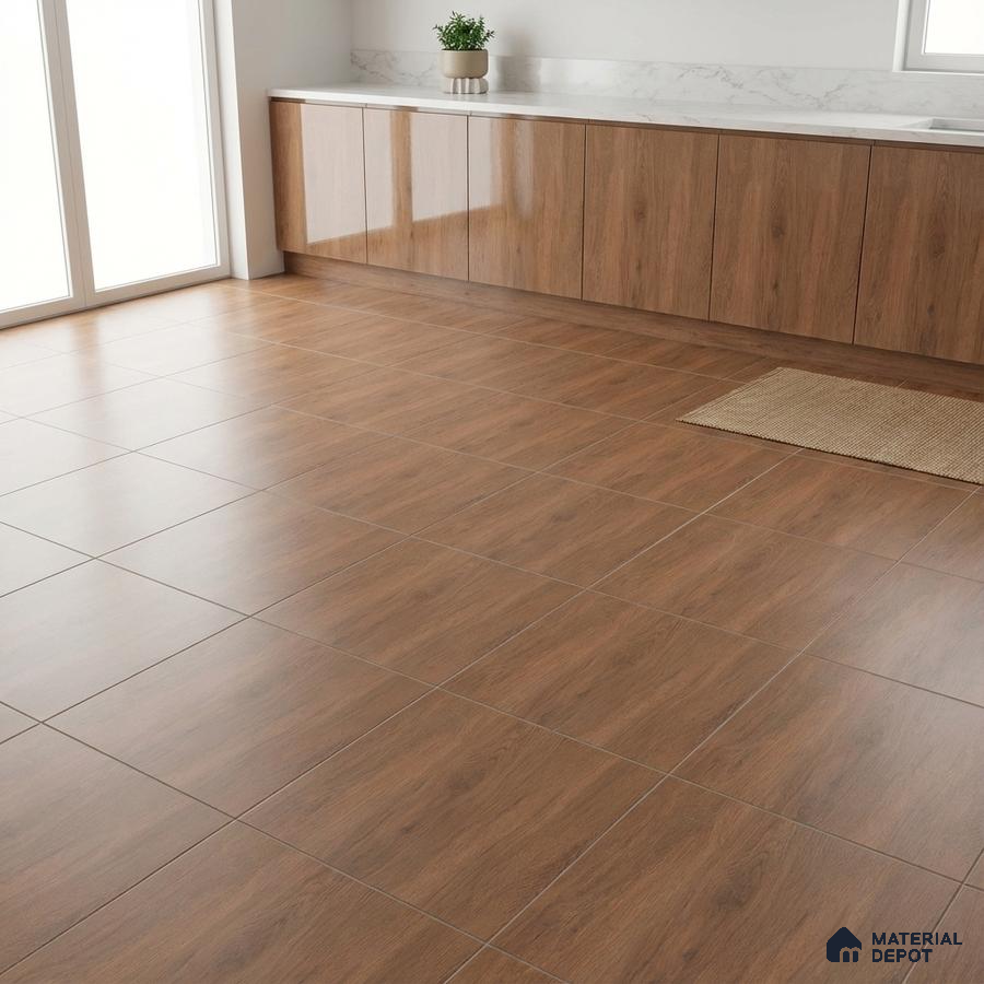 Modern kitchen with walnut brown wood-look floor tiles and glossy walnut laminate cabinets
