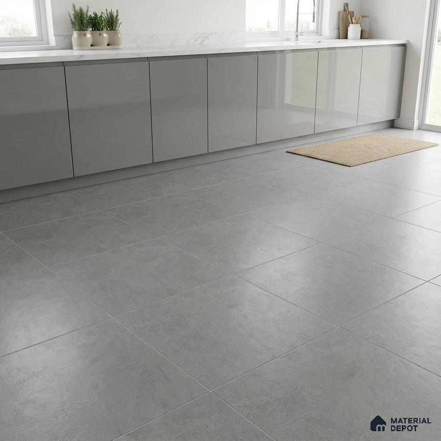 Minimalist kitchen with glossy grey laminate cabinets and matte grey stone-look floor tiles