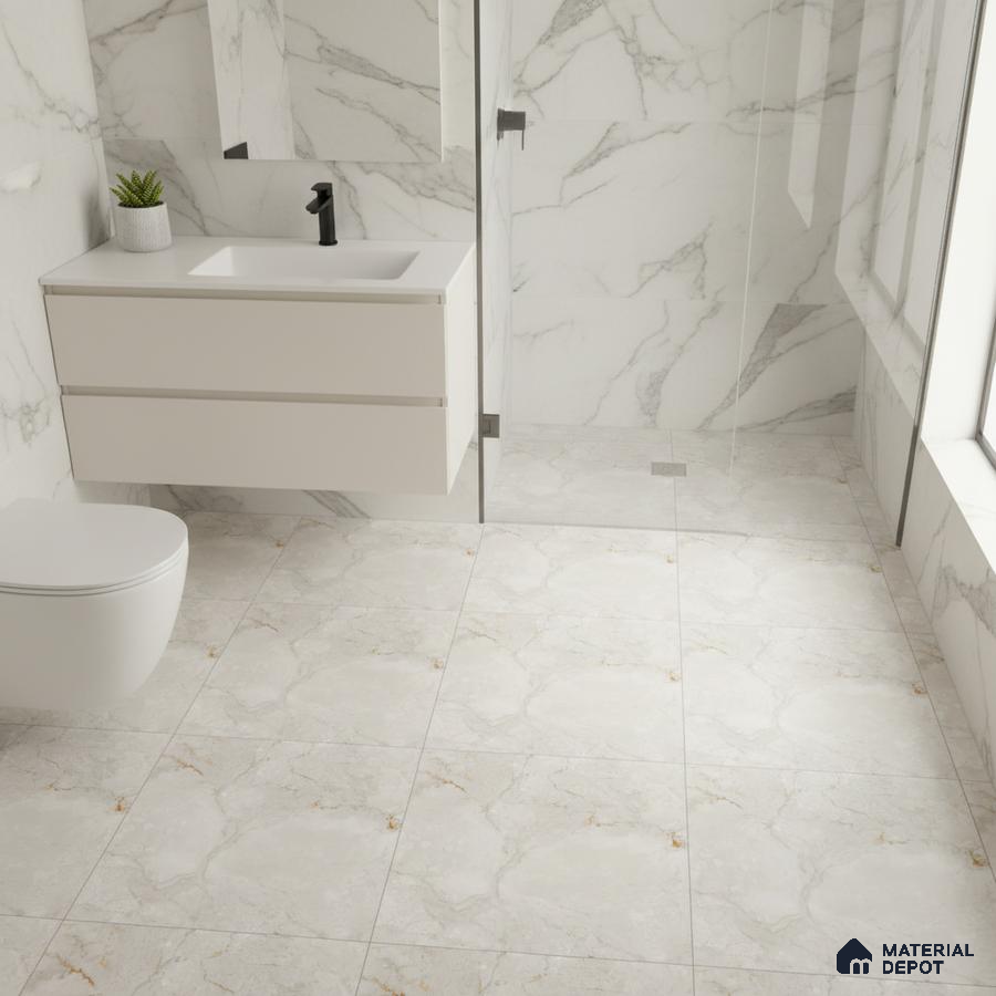 Modern bathroom with white marble-look wall and floor tiles and floating vanity
