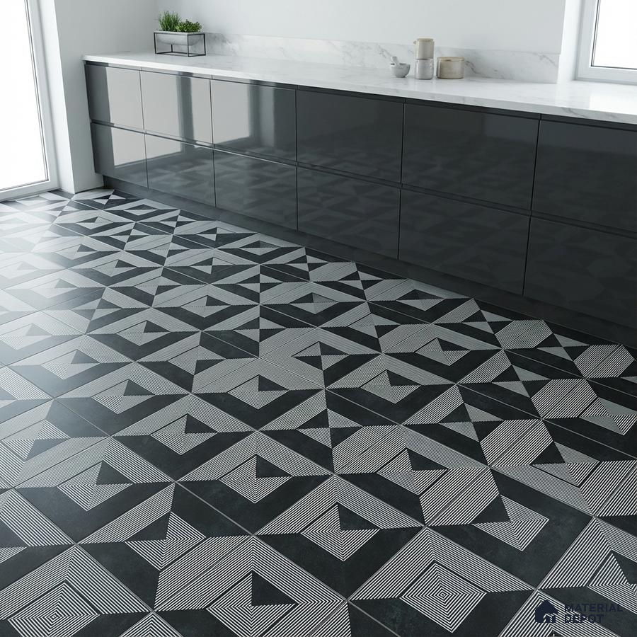 Modern kitchen with high gloss grey laminate cabinets, white marble countertop, and geometric black-and-white patterned floor tiles