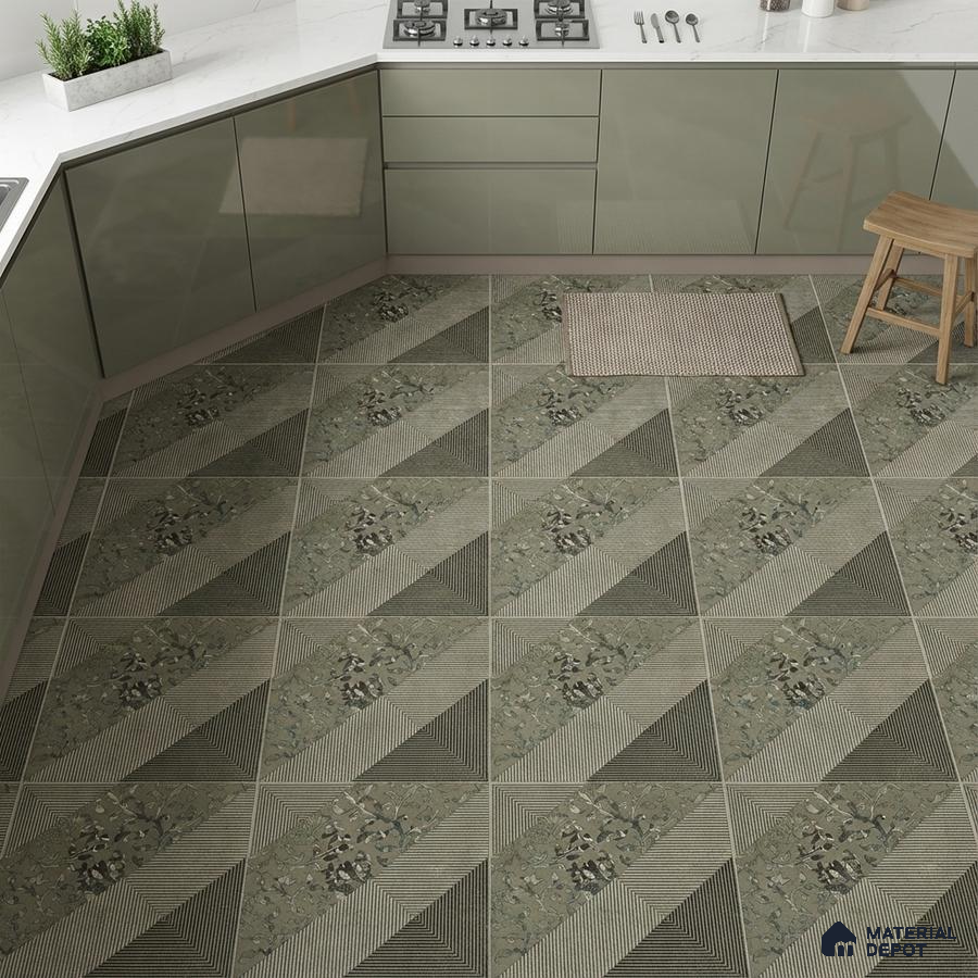 Modern kitchen with sage green glossy laminate cabinets, white quartz countertop, and geometric patterned floor tiles