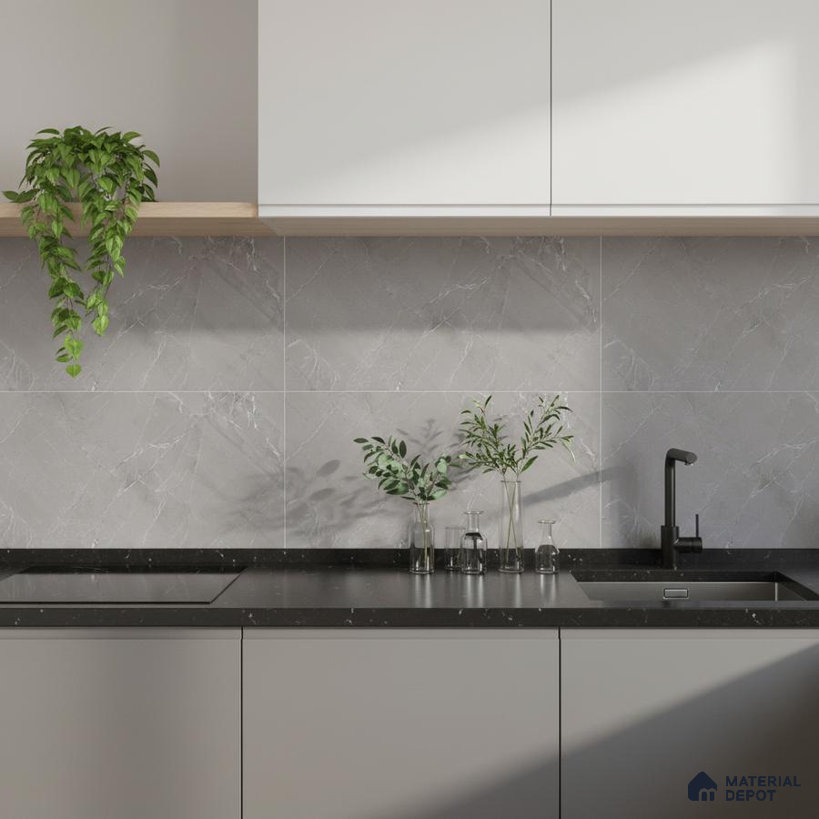 Minimalist kitchen with grey marble-look backsplash tile, matte black quartz countertop, and frosty white laminate cabinets