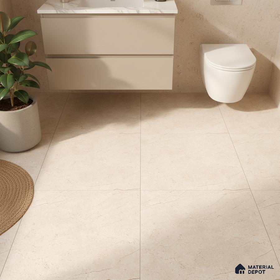 Minimalist bathroom with beige marble-look floor tiles and floating white vanity