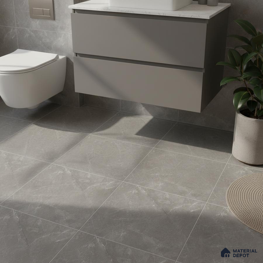 Minimalist bathroom with grey marble-look tiles and matte grey floating vanity