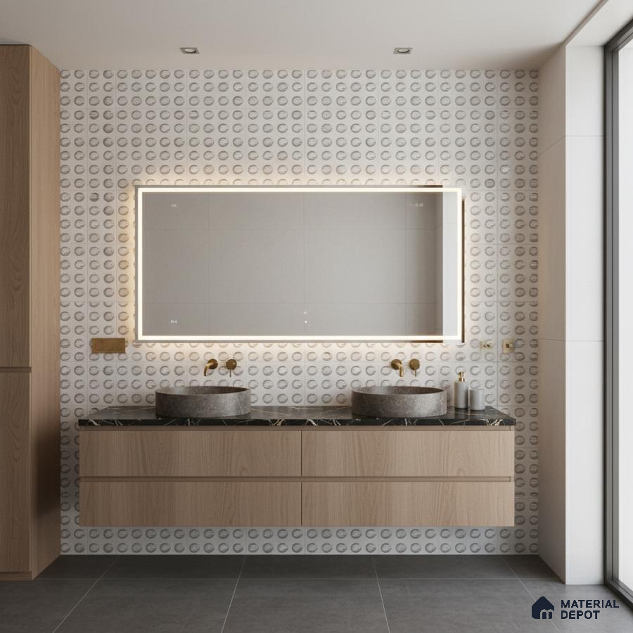 Scandinavian bathroom with light oak laminate vanity, grey stone countertop basins, and geometric patterned wall tiles