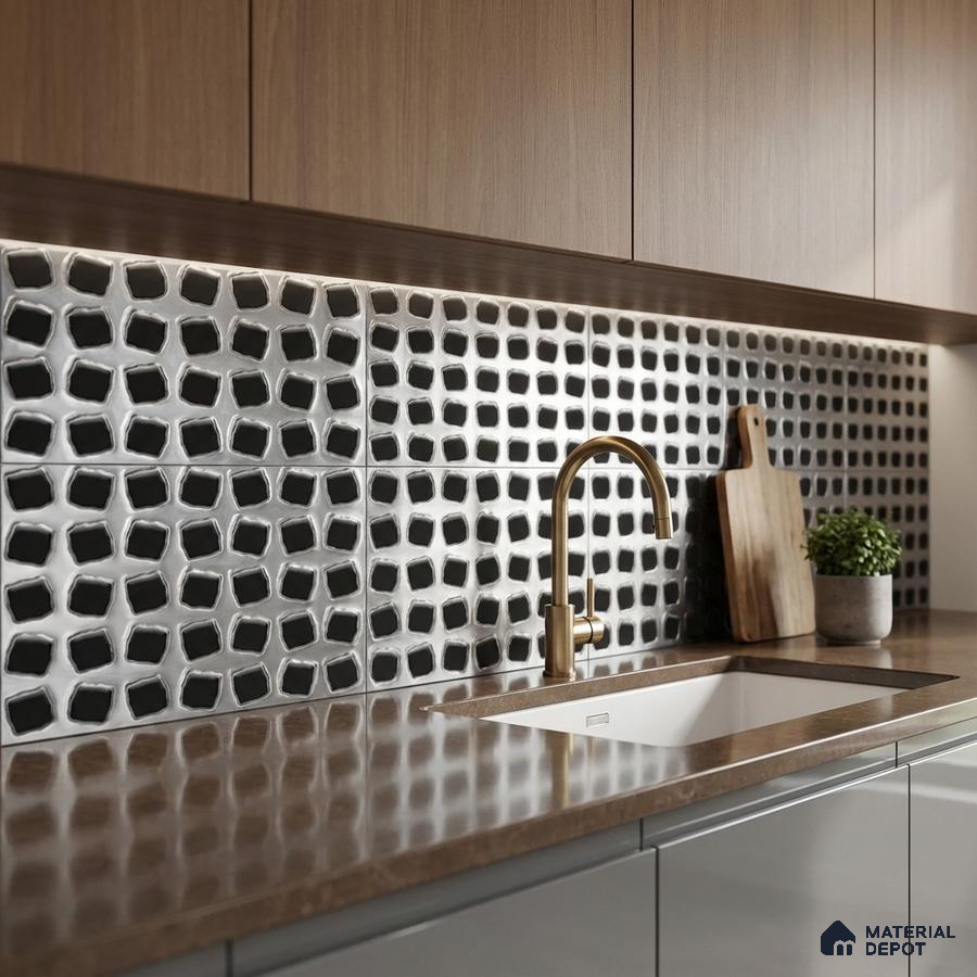 Modern kitchen with geometric black-and-white backsplash tile and walnut laminate cabinets