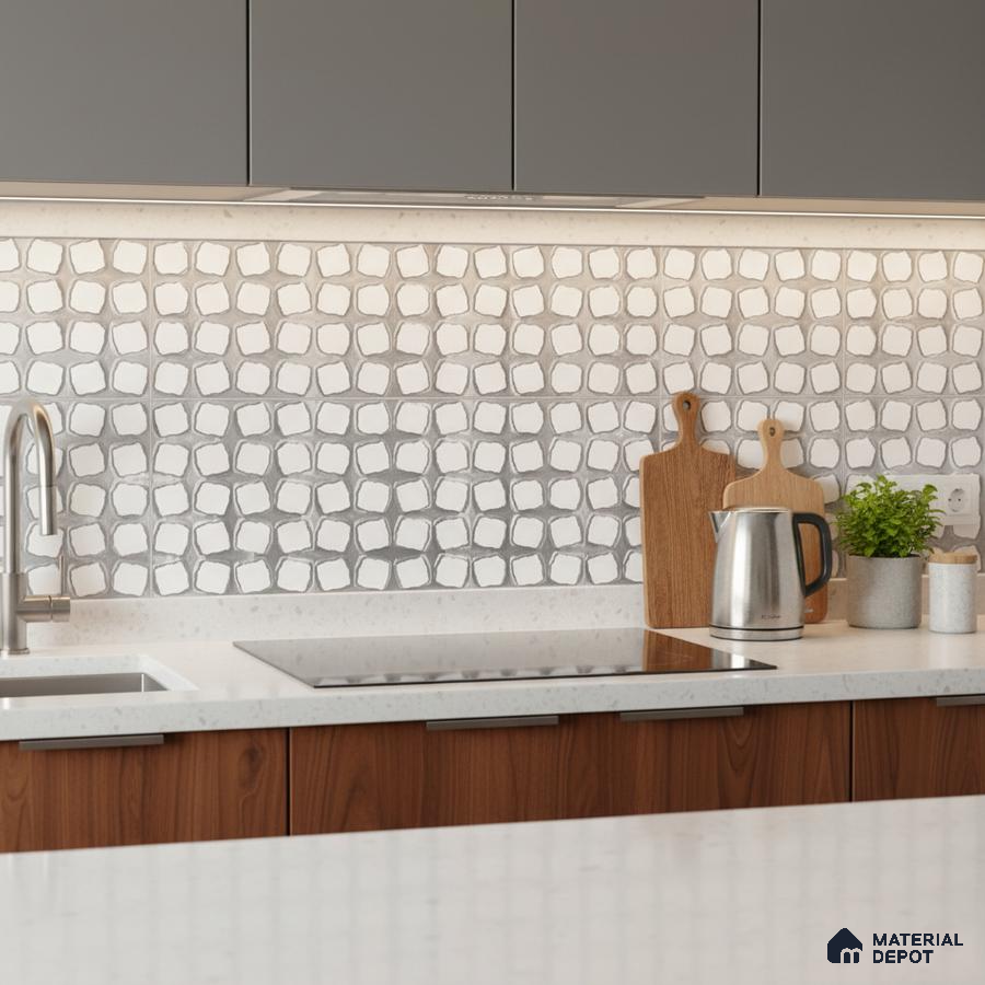 Modern kitchen with geometric white backsplash tile, walnut wood laminate, and white quartz countertop