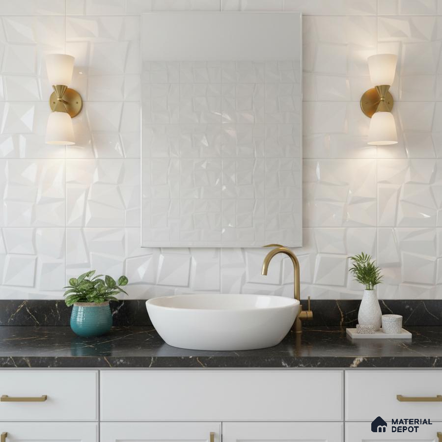 Minimalist kitchen with white matte laminate cabinets, 3D geometric white backsplash tile, and white marble countertop
