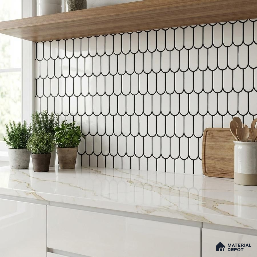 Modern kitchen with white marble-look quartz countertop and scallop pattern white backsplash tile