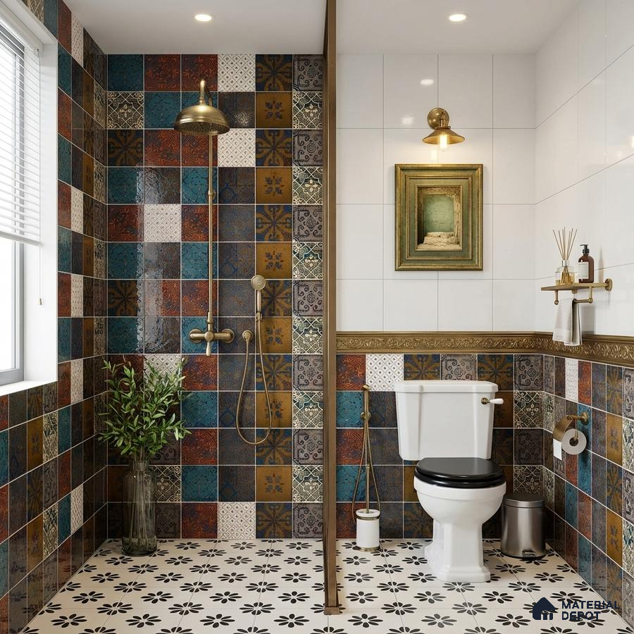 Eclectic bathroom with multicolor moroccan wall tiles and black-and-white floral patterned floor tiles