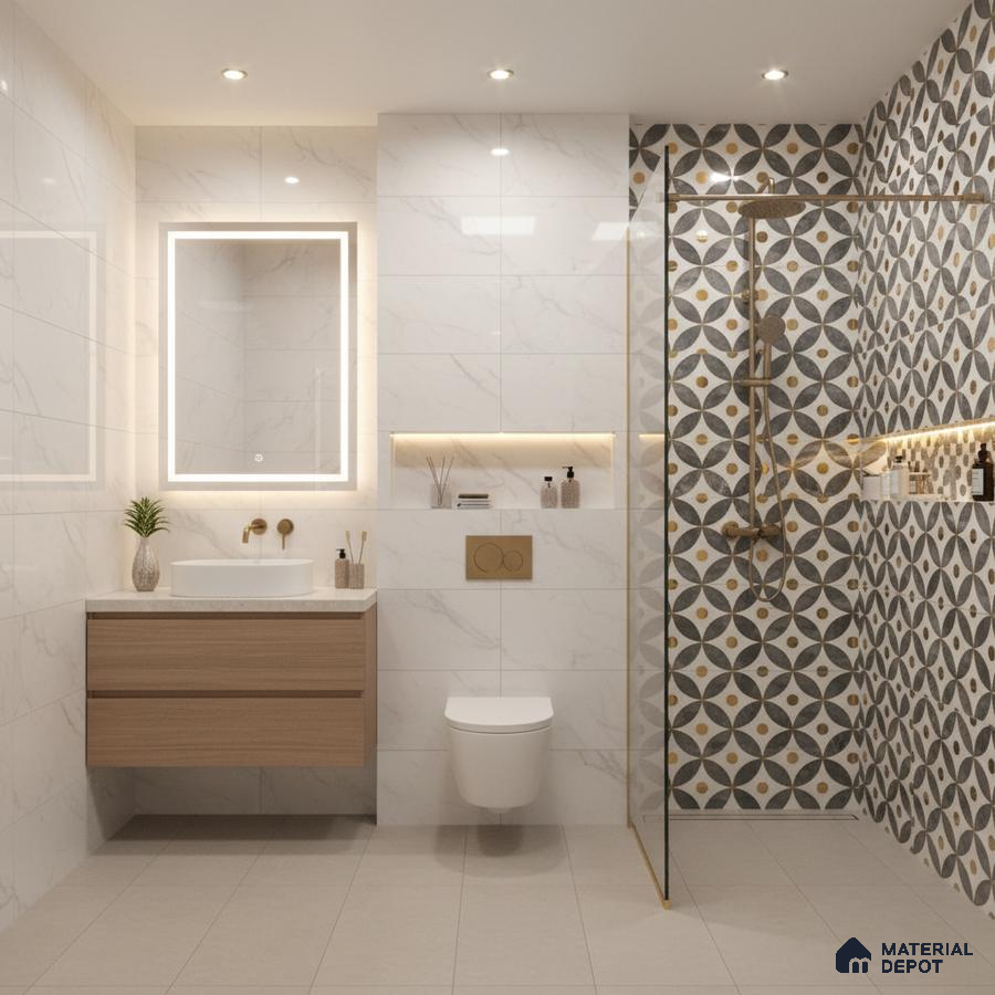 Modern bathroom with marble-look wall tiles, geometric patterned highlighter shower wall, and light wood floating vanity