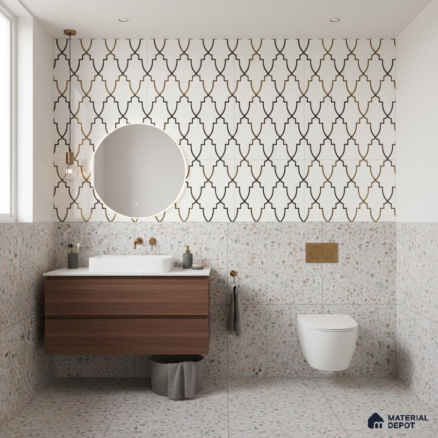 Modern bathroom with geometric highlighter wall tile, terrazzo wall and floor tile, and walnut wood vanity