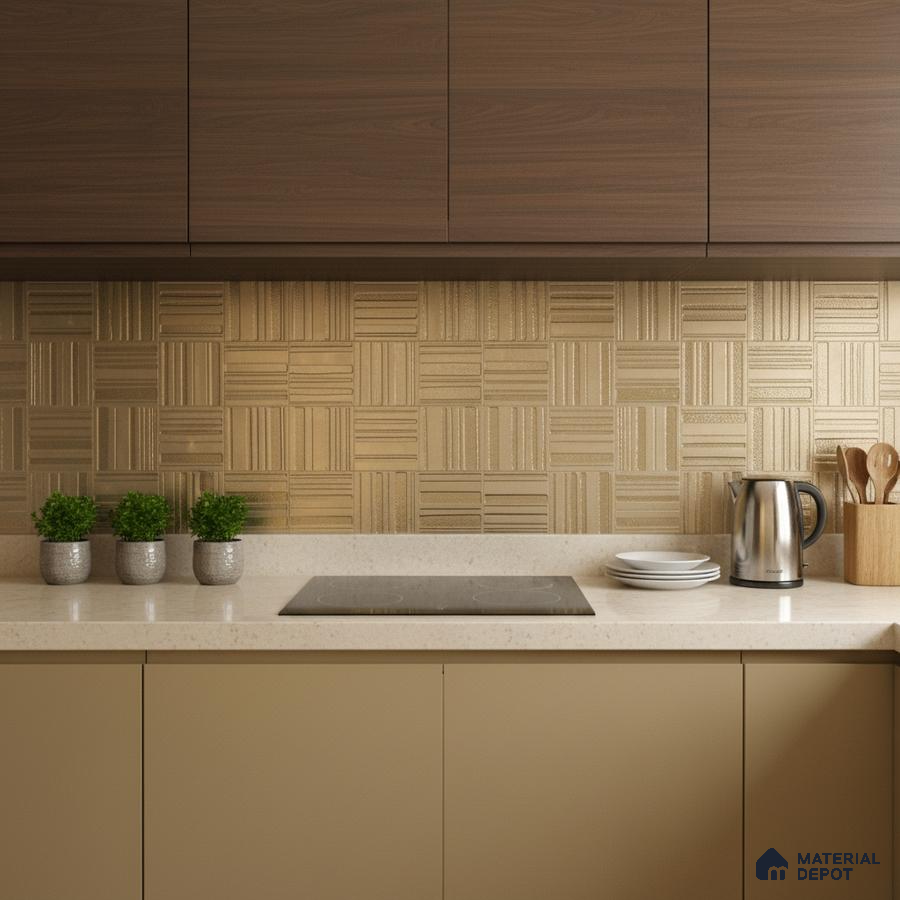Modern kitchen with walnut brown laminate, beige solid color laminate, and textured gold geometric backsplash tile