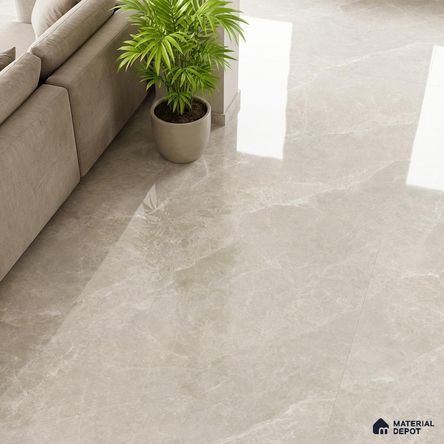 Modern living room with beige marble-look glossy floor tiles and neutral sofa