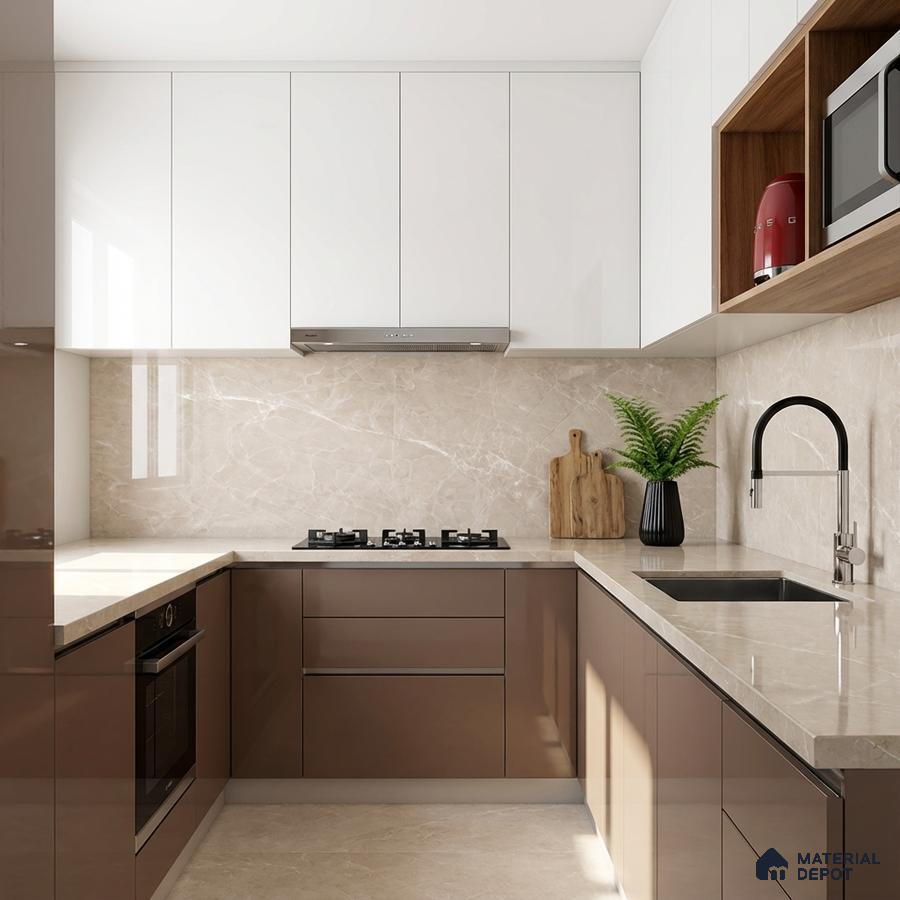 Modern dual tone kitchen with glossy white and taupe brown laminate, beige marble backsplash and countertop
