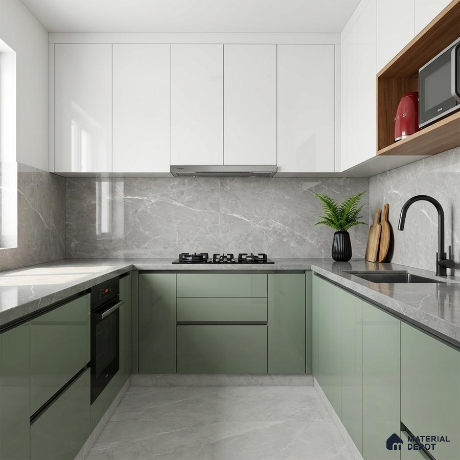 Modern dual tone kitchen with sage green and frosty white laminate, grey marble backsplash and countertop