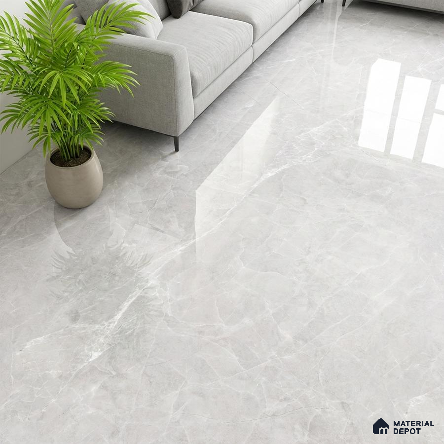 Minimalist living room with light grey marble-look polished floor tiles