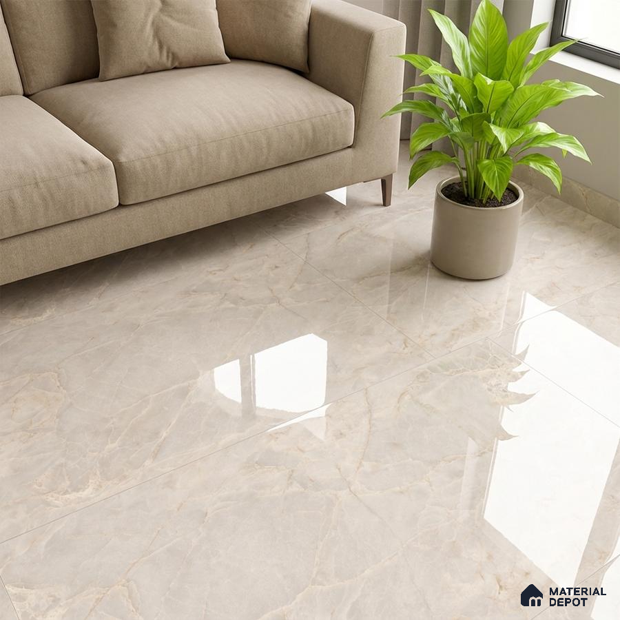 Modern living room with beige marble-look glossy floor tiles and taupe fabric sofa