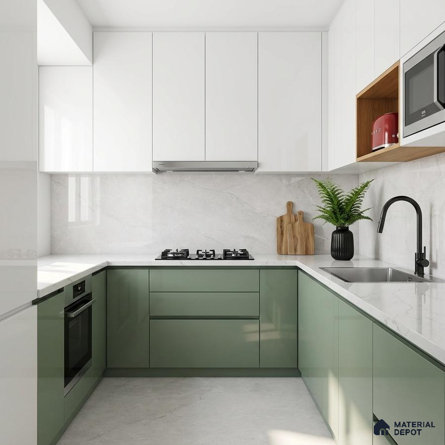 Modern dual tone kitchen with sage green and frosty white laminate, white marble backsplash, and quartz countertop