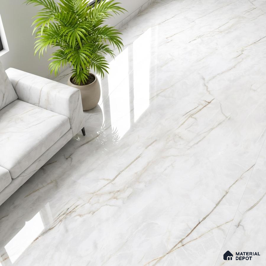 Modern living room with white marble-look floor tiles and marble upholstery sofa