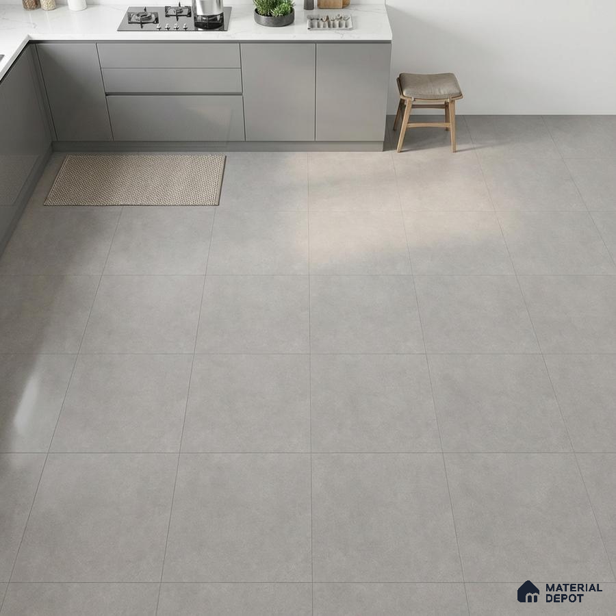 Minimalist kitchen with matte grey laminate cabinets and light grey floor tiles