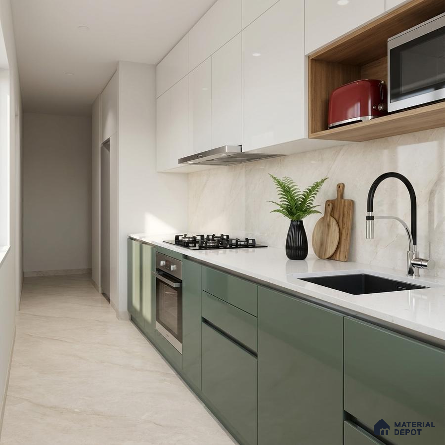 Modern dual tone kitchen with olive green laminate, frosty white laminate, and white marble backsplash