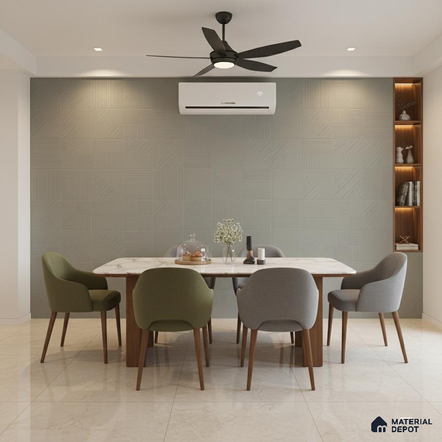 Modern dining room with marble top table, textured grey accent wall, and beige marble floor tiles