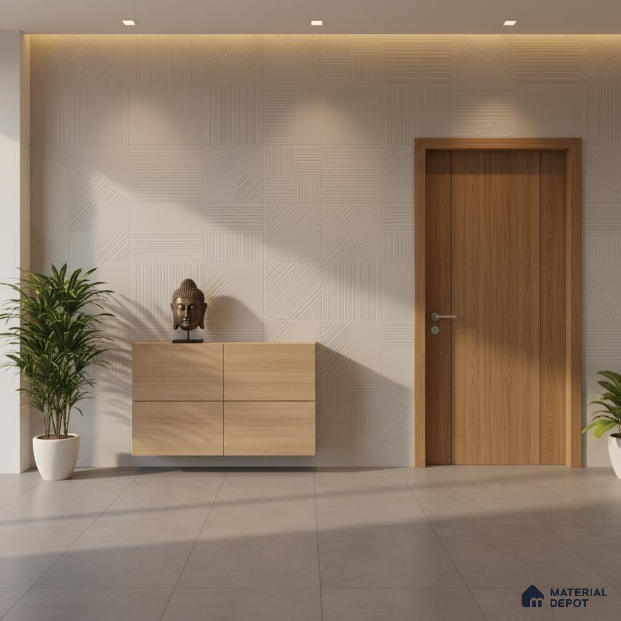 Minimalist foyer with light oak laminate console, geometric textured wall panels, and grey floor tiles