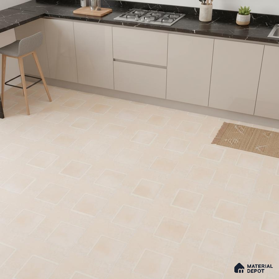 Modern kitchen with beige solid color laminate cabinets, black marble countertop, and patterned beige floor tiles