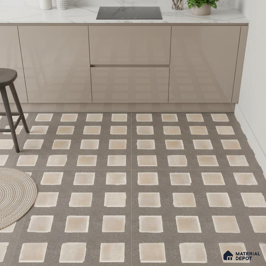 Modern kitchen with taupe high gloss laminate cabinets, white marble countertop, and geometric patterned floor tiles