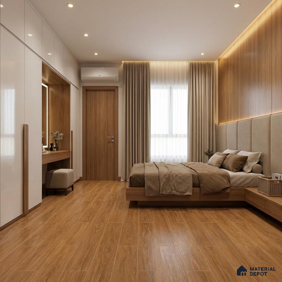 Minimalist bedroom with oak wood flooring, beige upholstered headboard, and white high gloss wardrobe