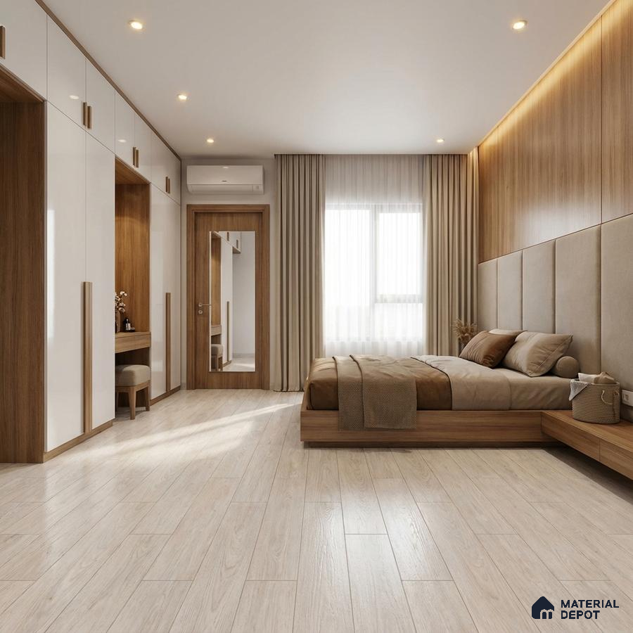 Modern bedroom with white high gloss laminate wardrobe, light oak wood paneling, and light wood floor tiles