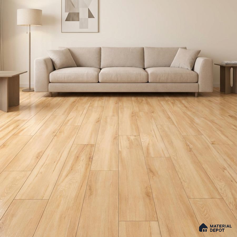 Scandinavian living room with light oak wood flooring and beige fabric sofa