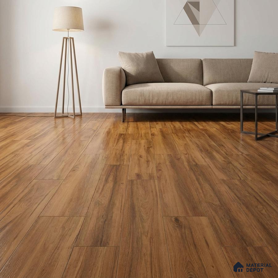Minimalist living room with natural oak wood flooring and beige fabric sofa