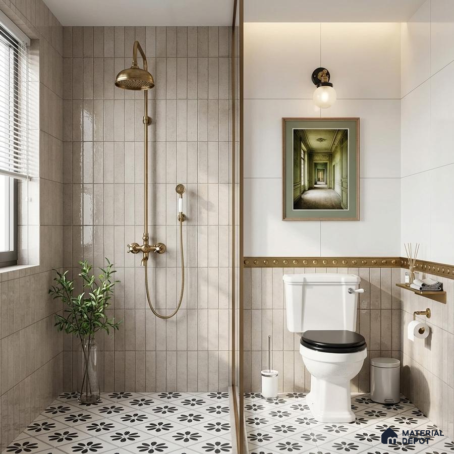 Modern bathroom with beige vertical subway wall tiles and black-and-white floral patterned floor tiles